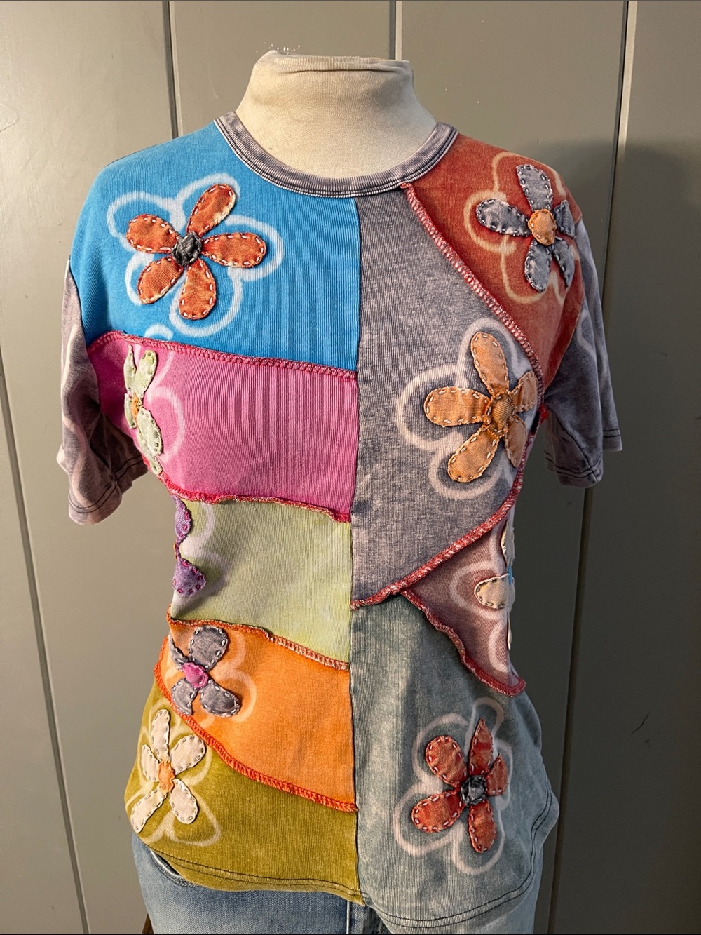 KPC Boho Vintage Tee Top  Flower Patchwork Hippie  Cottage Coastal Grannycore